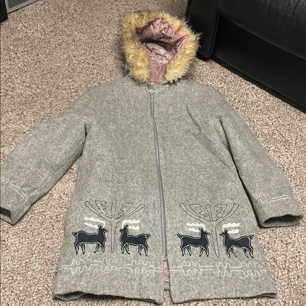 Vintage 100% wool real sherling accented Hood and embroidered reindeer coat